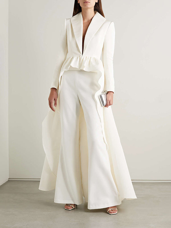 High-Low Wrap Falbala Solid Color V-Neck Shirts Tops&Pants Two Pieces Set
