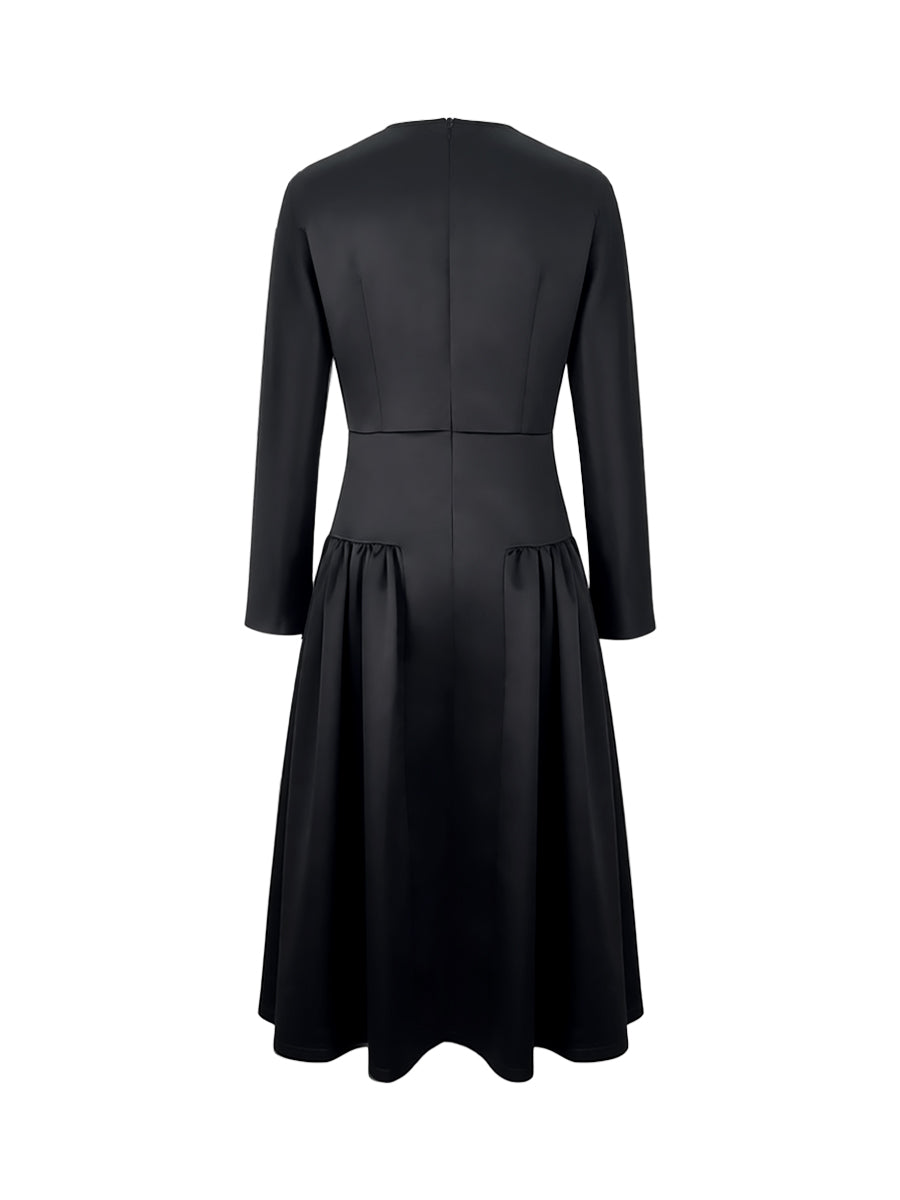 Long Sleeves Solid Color Round-Neck Midi Dresses