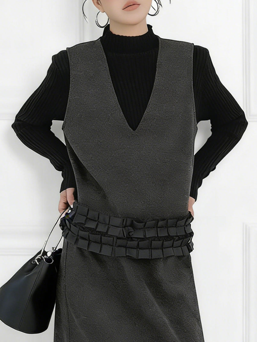 Contrast Color Ruffled Split-Joint V-Neck Vest Top + Elasticated Waist High Waisted Pleated Skirts Bottoms Two Pieces Set