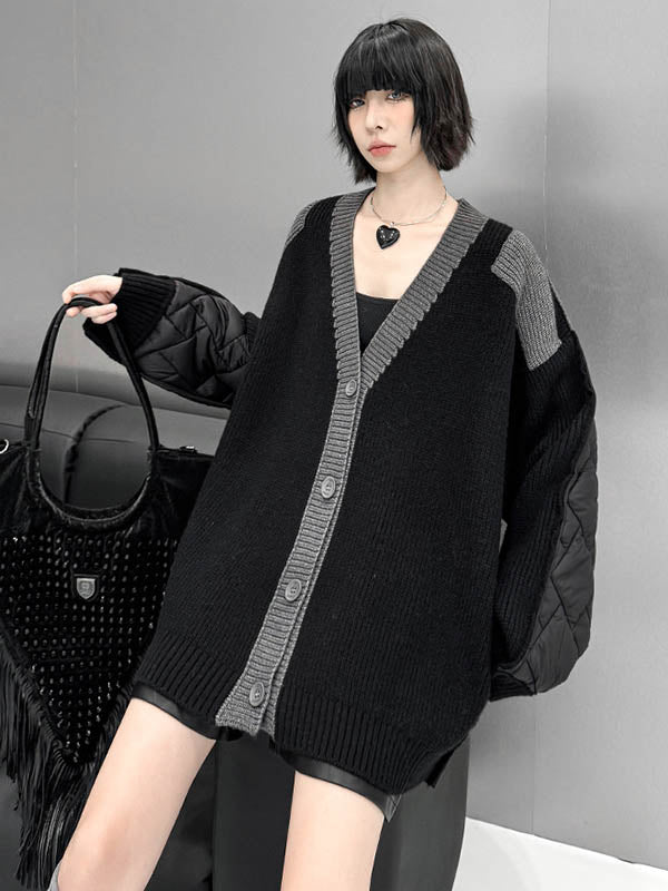 Long Sleeves Loose Buttoned Contrast Color Reversible Split-Joint Collarless Cardigan Tops Outerwear