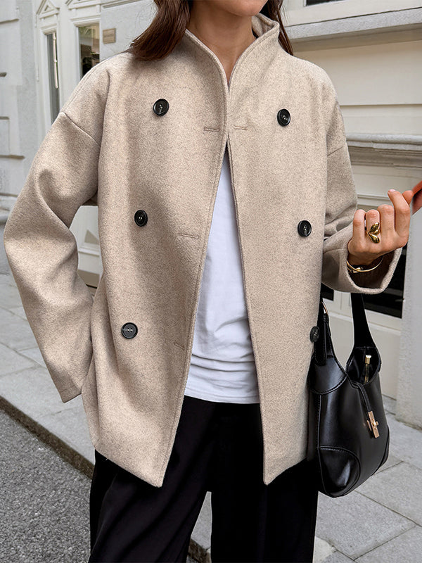 Long Sleeves Buttoned Solid Color Stand Collar Coats&Jackets Outerwear