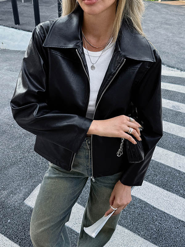 Long Sleeves Pockets Solid Color Zipper Lapel Jackets Overcoat