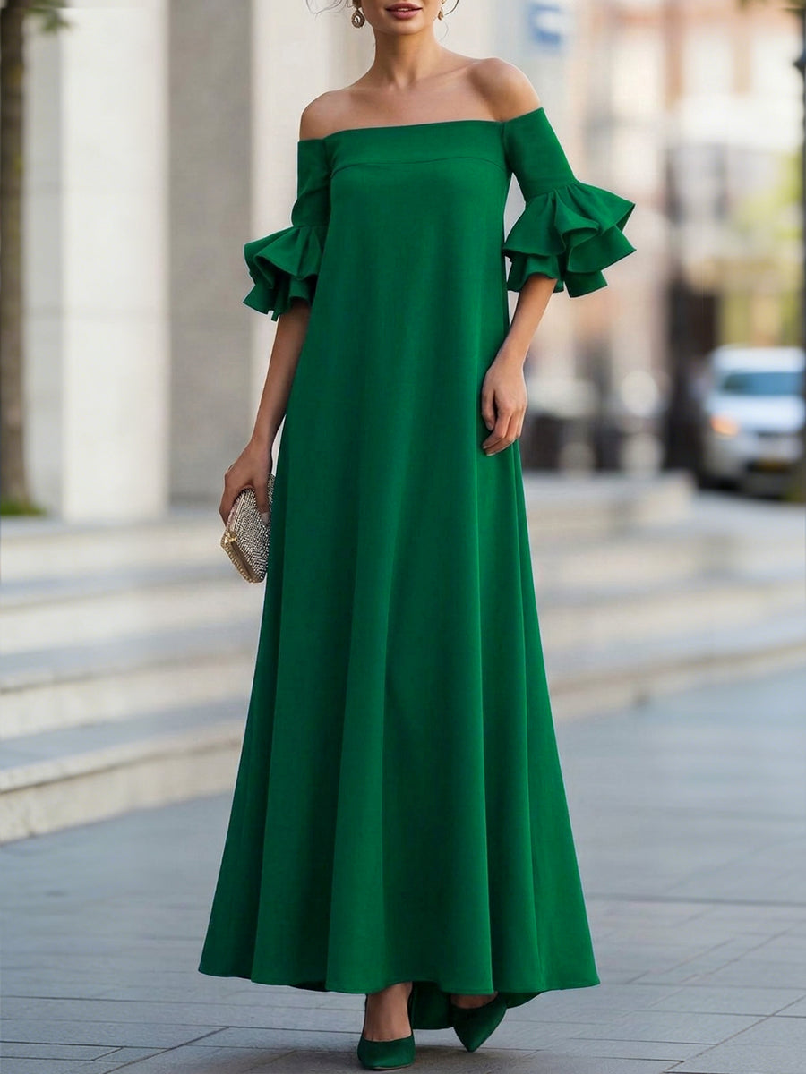 Half Sleeves Loose Solid Color Off-The-Shoulder Maxi Dresses