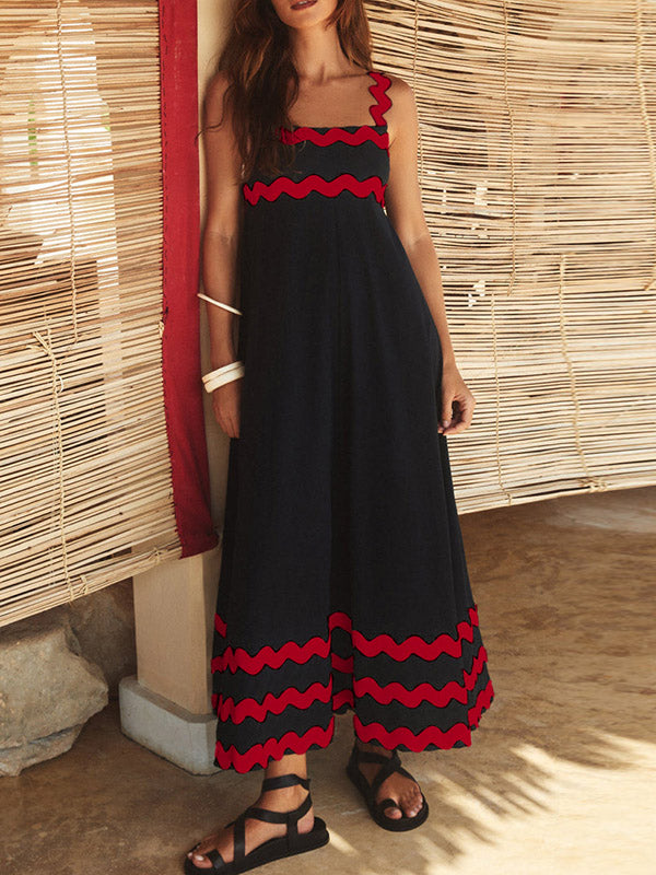 A-line High Waisted Contrast Color Zipper Square-neck Maxi Dresses Midi Dresses