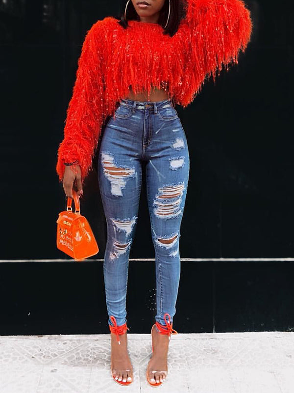 Long Sleeves Loose Hollow Sequined Tasseled Round-Neck Sweater Tops