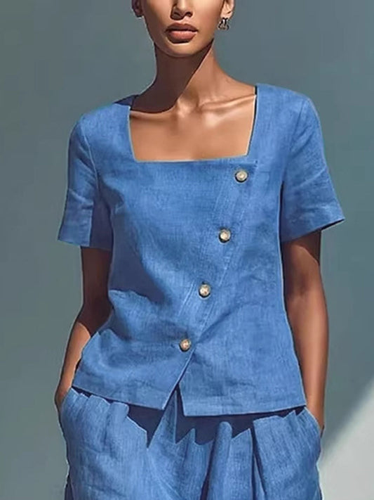 Loose Short Sleeves Buttoned Solid Color Square-Neck Blouses&Shirts Tops