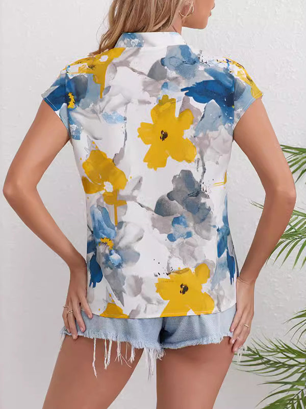 Loose Short Sleeves Comfort Contrast Color Flower Print V-Neck Blouses&Shirts Tops
