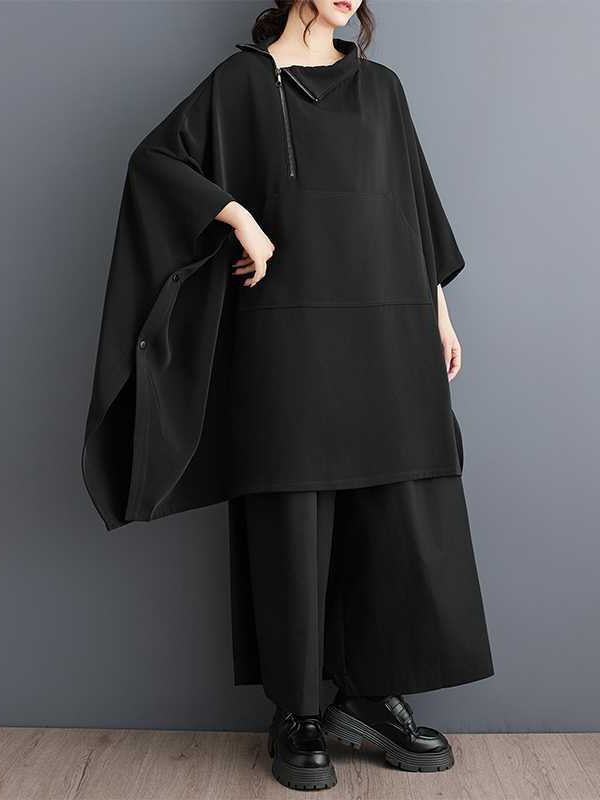 Batwing Sleeves Loose Buttoned Pockets Solid Color Zipper Mock Neck Sweatshirt Tops