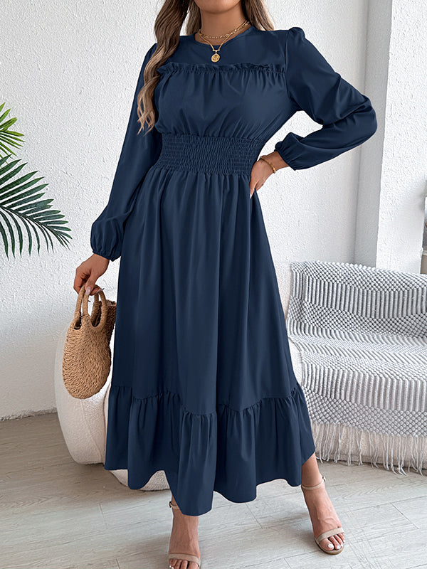 A-Line Elasticated Waist Pleated Solid Color Round-Neck Maxi Dresses