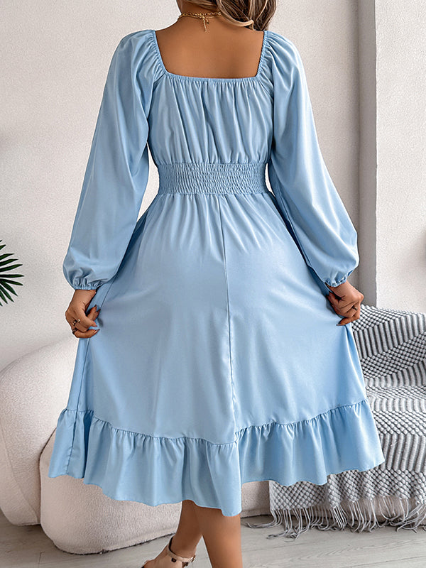 A-Line Elasticated Waist Pleated Ruffled Solid Color Square-Neck Midi Dresses