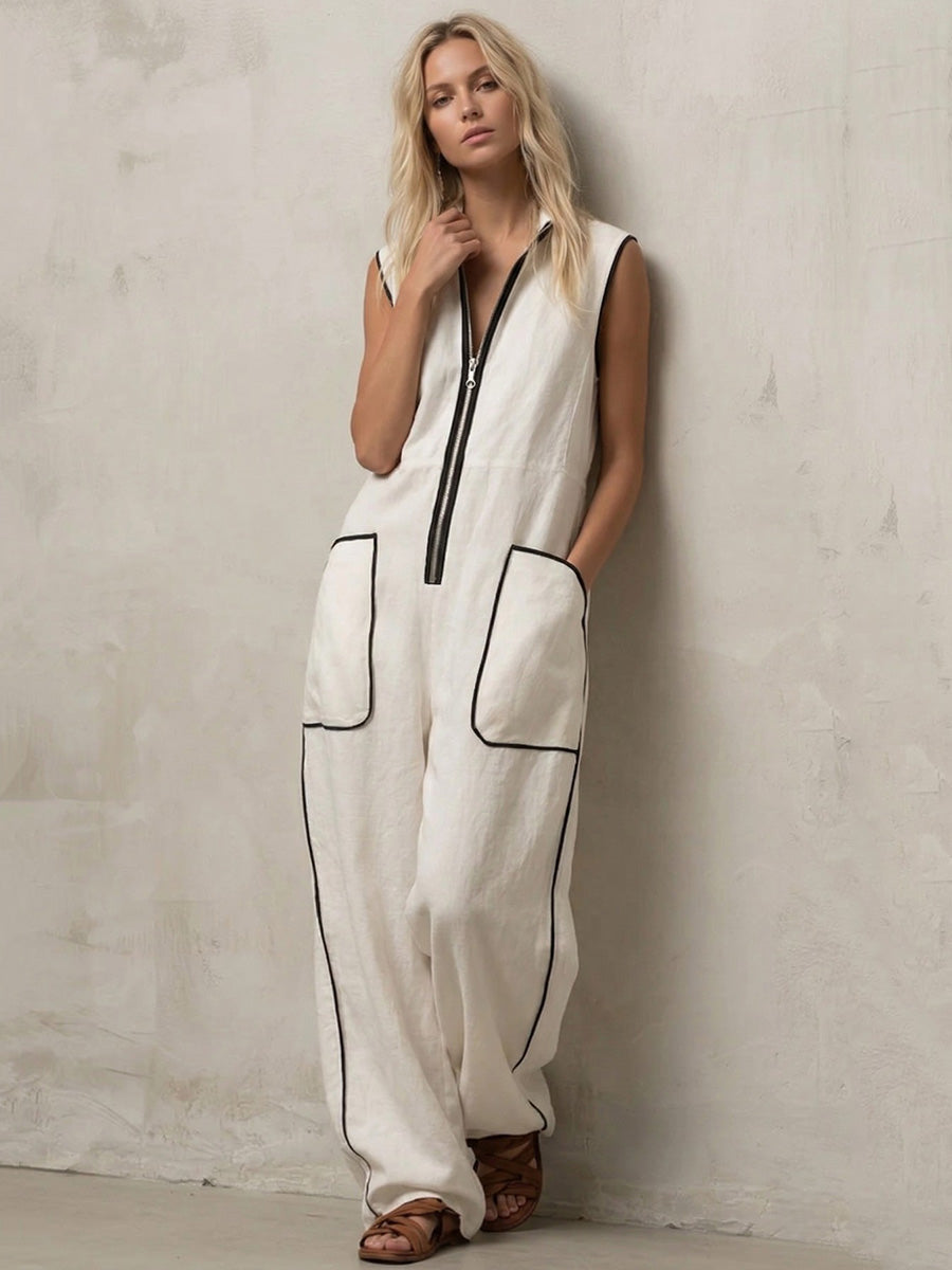 Loose Sleeveless Contrast Color Line Pockets Split-Joint Zipper Stand Collar Jumpsuits
