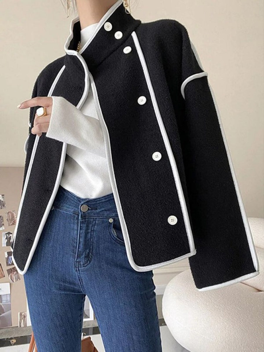 Long Sleeves Loose Buttoned Contrast Color Stand Collar Jackets Outerwear