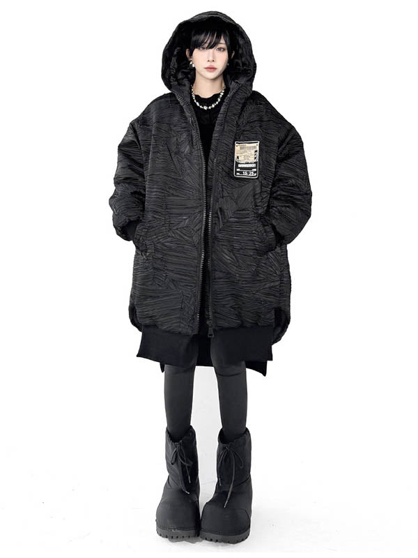 High-Low Irregularity Abstract Printed Contrast Color Split-Joint Zipper Hooded Outerwear Overcoat