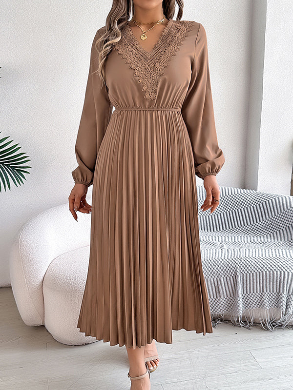 Elasticated Waist High Waisted Pleated Solid Color V-Neck Midi Dresses