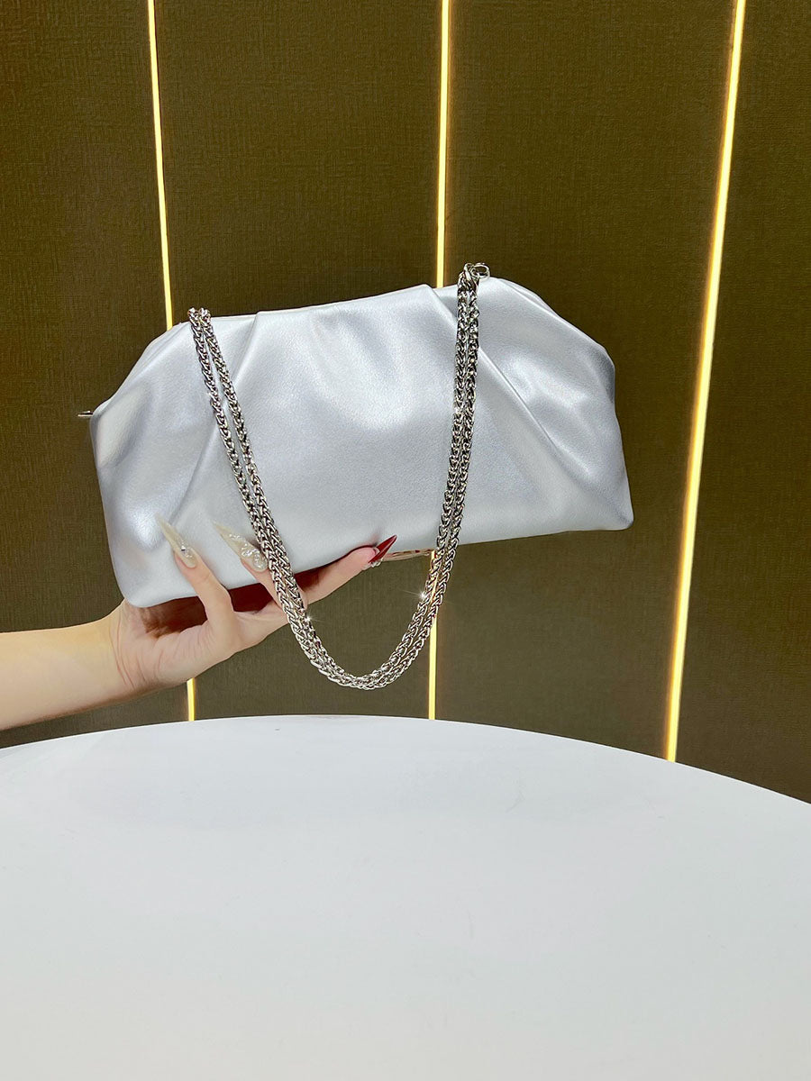 Chains Pleated Solid Color Zipper Evening Bags & Clutches Shoulder Bags