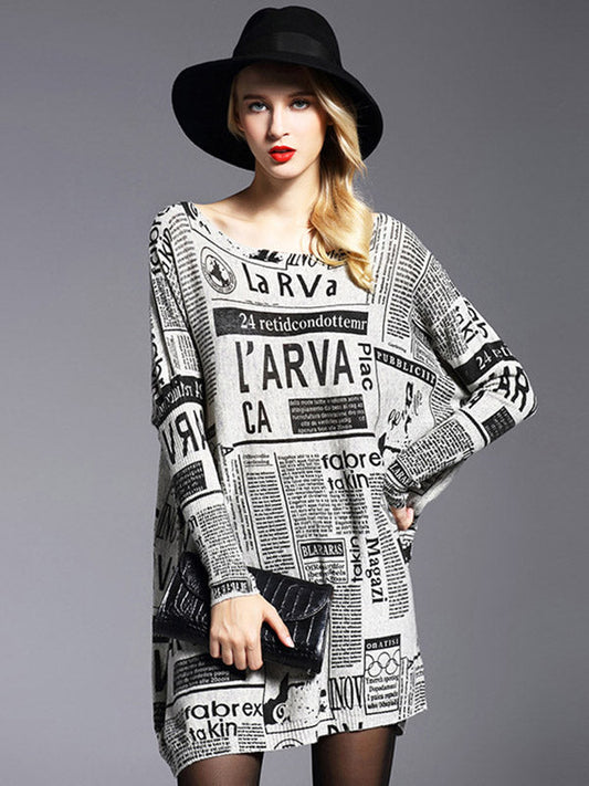 Vintage Loose One-Shoulder Newspaper Printed Split-Joint Sweater
