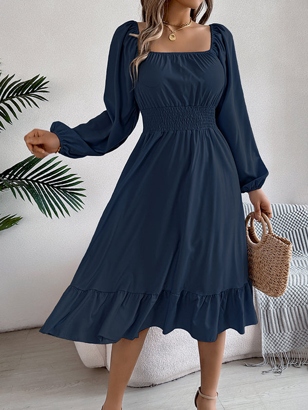 A-Line Elasticated Waist Pleated Ruffled Solid Color Square-Neck Midi Dresses