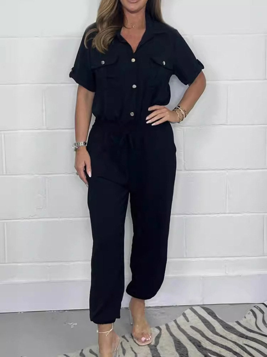 Elasticated Waist High Waisted Buttoned Drawstring Pockets Solid Color Split-Joint Lapel Jumpsuits