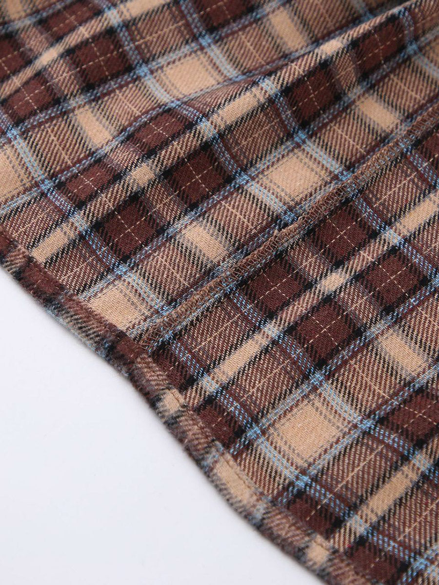 Long Sleeves Loose Buttoned Contrast Color Plaid Split-Joint Lapel Blouses&Shirts Tops Outerwear
