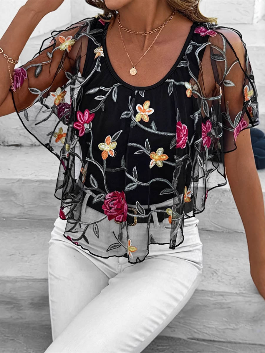 Batwing Sleeves Irregularity Contrast Color Flower Print Layered Split-Joint Round-Neck Blouses&Shirts Tops