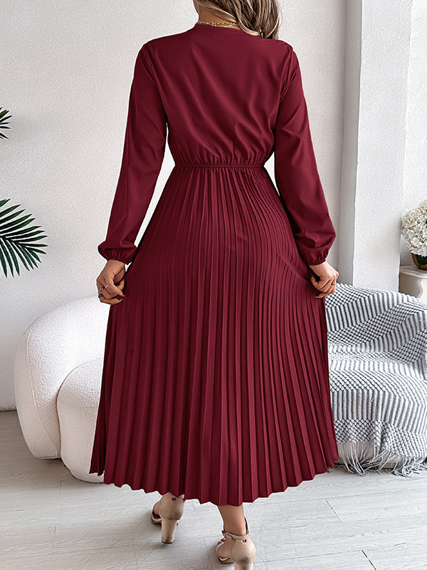 Elasticated Waist High Waisted Pleated Solid Color V-Neck Midi Dresses