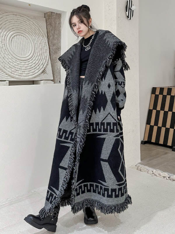 Long Sleeves Loose Contrast Color Geometric Split-Joint Tasseled Lapel Outerwear Overcoat