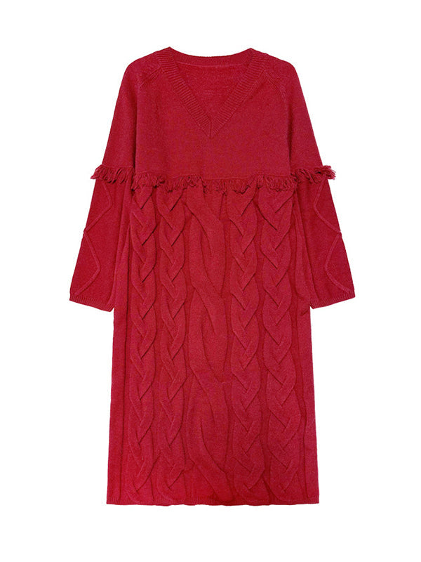 Long Sleeves Loose Solid Color Split-Joint Tasseled V-Neck Midi Dresses Sweater Dresses
