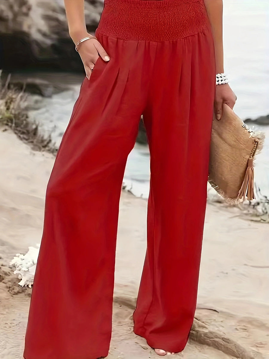 Elasticated Waist High Waisted Pleated Pockets Solid Color Split-Joint Pants