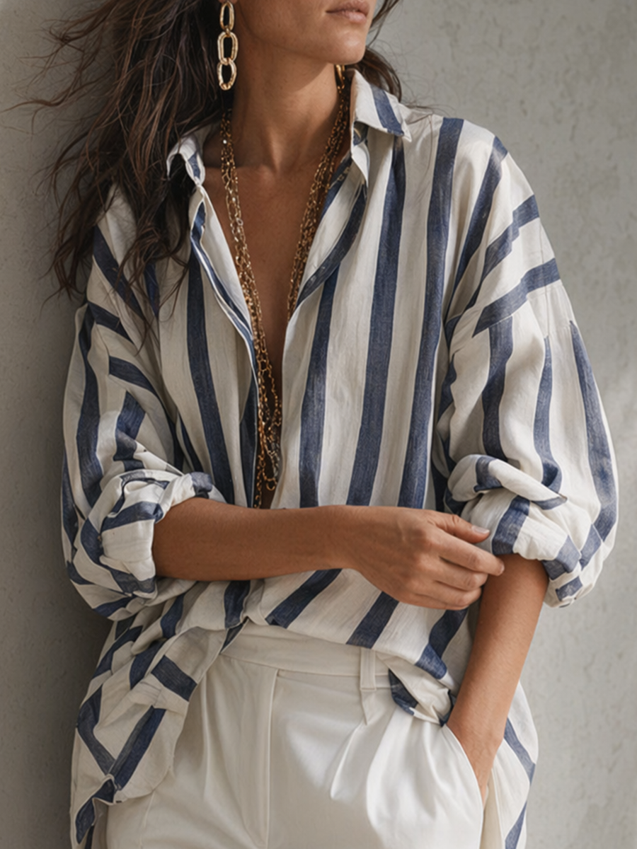 Long Sleeves Loose Buttoned Contrast Color Striped Lapel Blouses&Shirts Tops