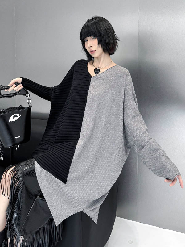 Batwing Sleeves Irregularity Asymmetric Contrast Color Split-Joint Textured V-Neck Sweater Tops
