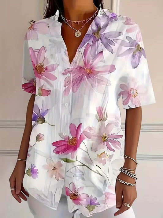 Loose Short Sleeves Buttoned Contrast Color Flower Print Lapel Blouses&Shirts Tops
