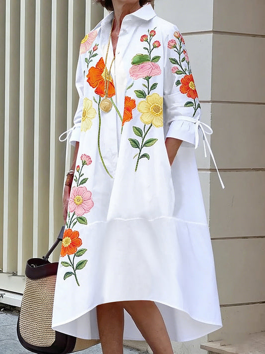 A-Line Half Sleeves Buttoned Flower Print Pockets Split-Joint Tied Lapel Midi Dresses