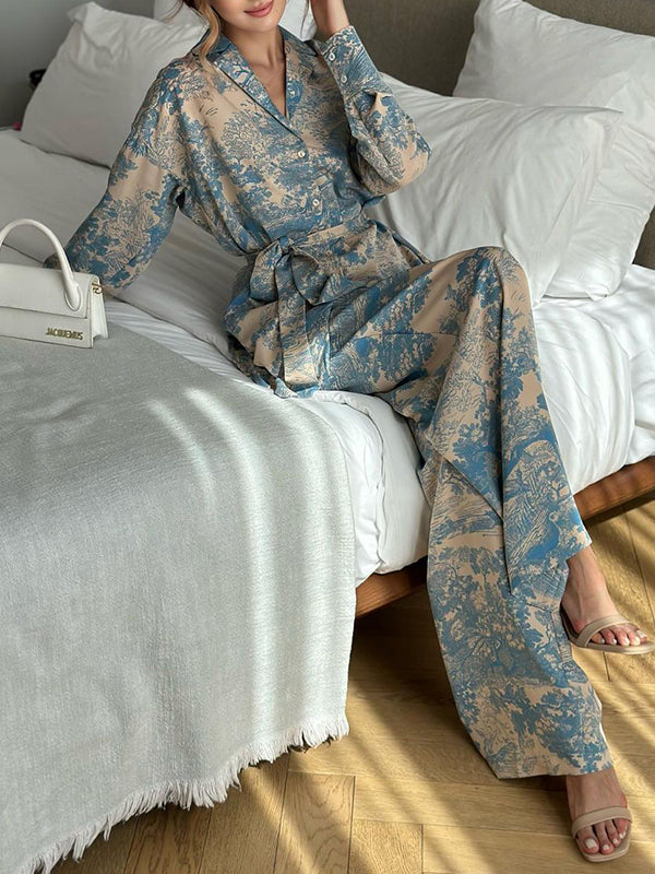 Long Sleeves Buttoned Printed Tied Waist Notched Collar Shirts Top + High Waisted Pants Bottom Two Pieces Set