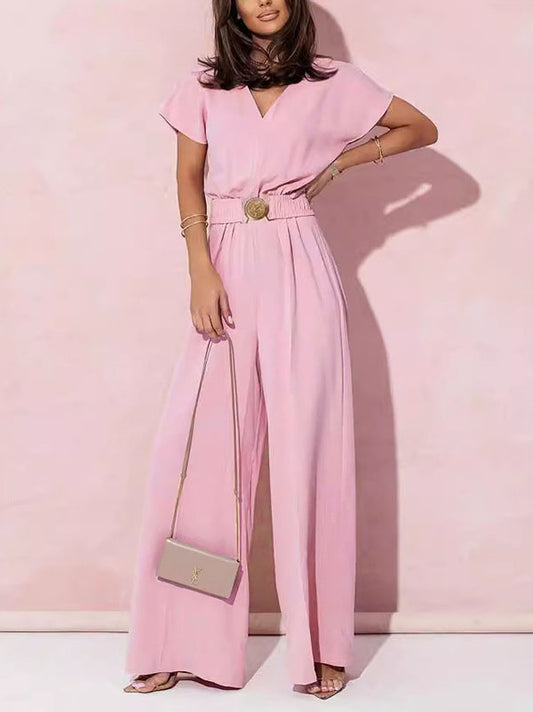 High Waisted Loose Belted Pleated V-Neck Jumpsuits