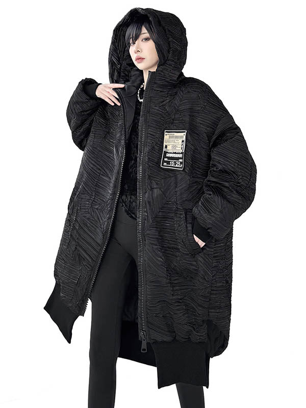 High-Low Irregularity Abstract Printed Contrast Color Split-Joint Zipper Hooded Outerwear Overcoat