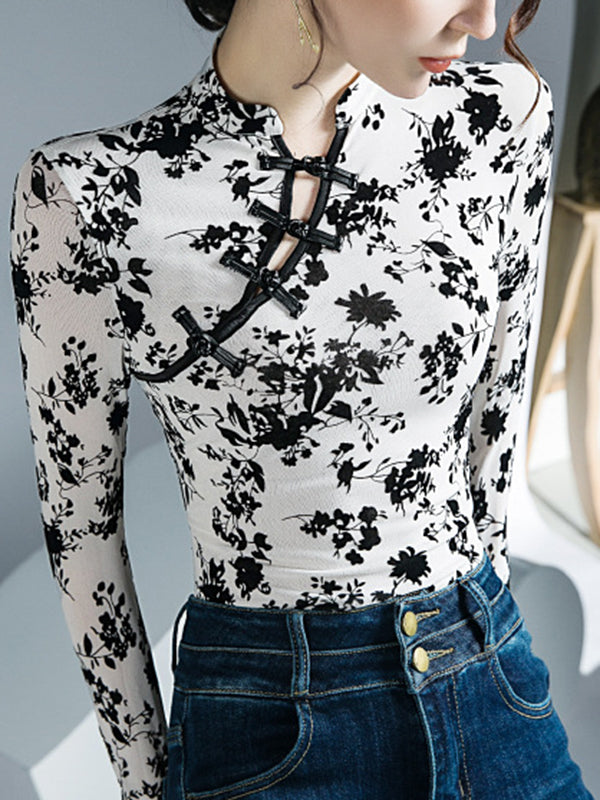 Long Sleeves Skinny Buttoned Flower Print Mesh Mock Neck T-Shirts Tops