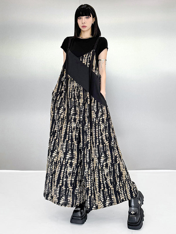 Loose Sleeveless Asymmetric Contrast Color Printed Split-Joint Spaghetti-Neck Overalls