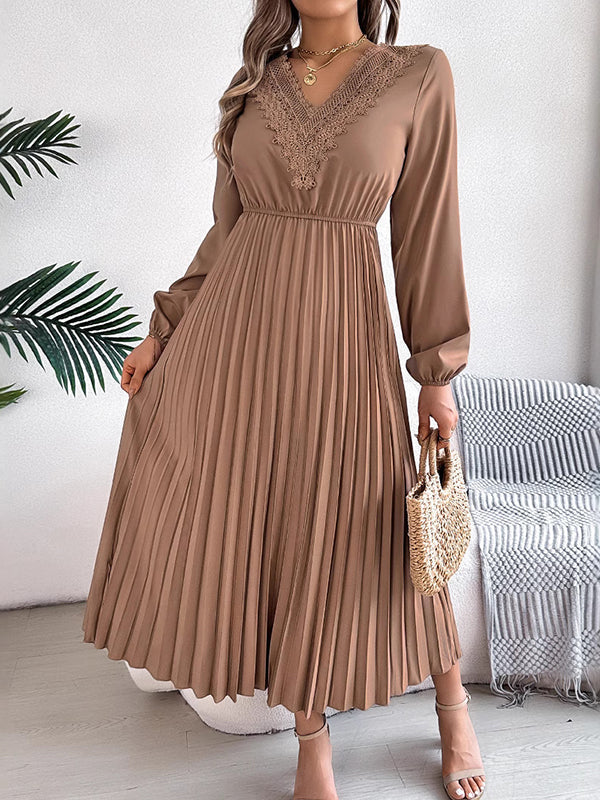Elasticated Waist High Waisted Pleated Solid Color V-Neck Midi Dresses