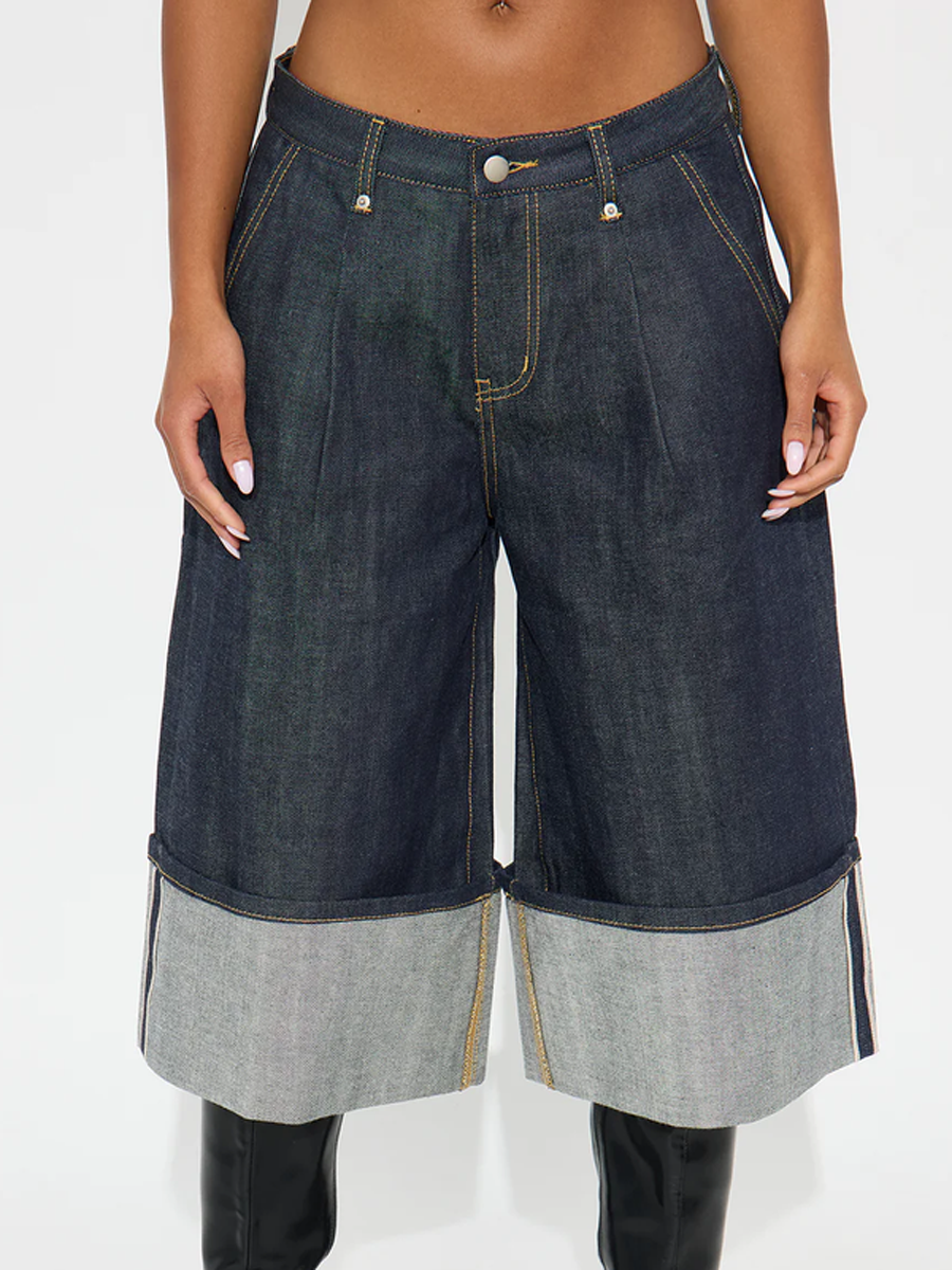 Loose Wide Leg Pleated Pockets Jean Pants Bottoms