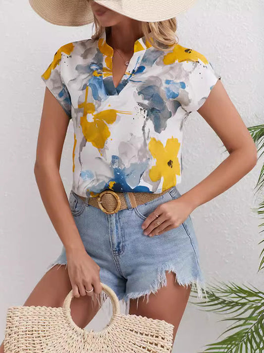 Loose Short Sleeves Comfort Contrast Color Flower Print V-Neck Blouses&Shirts Tops