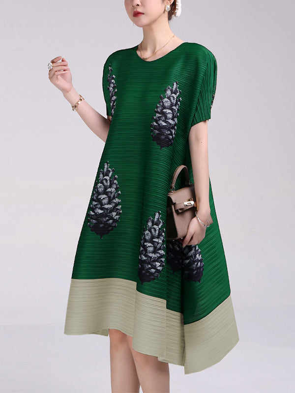A-Line Loose Flower Print Pleated Round-Neck Midi Dresses