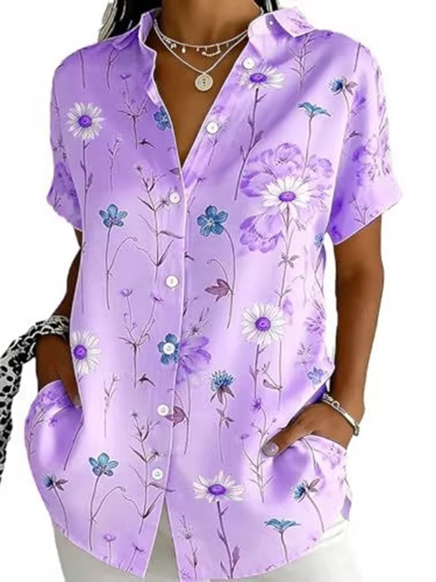 Loose Plus Size Buttoned Contrast Color Flower Print Lapel Blouses&Shirts Tops