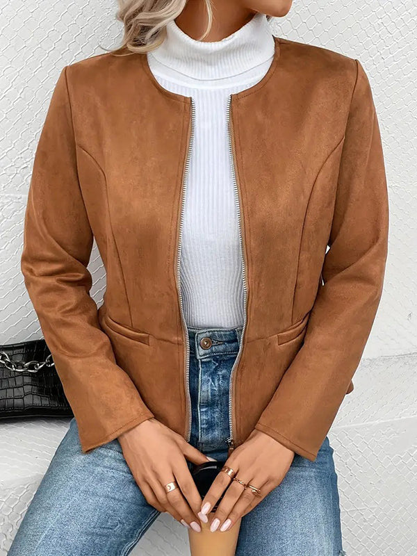Long Sleeves Loose Pockets Solid Color Split-Joint Zipper Round-Neck Jackets Outerwear