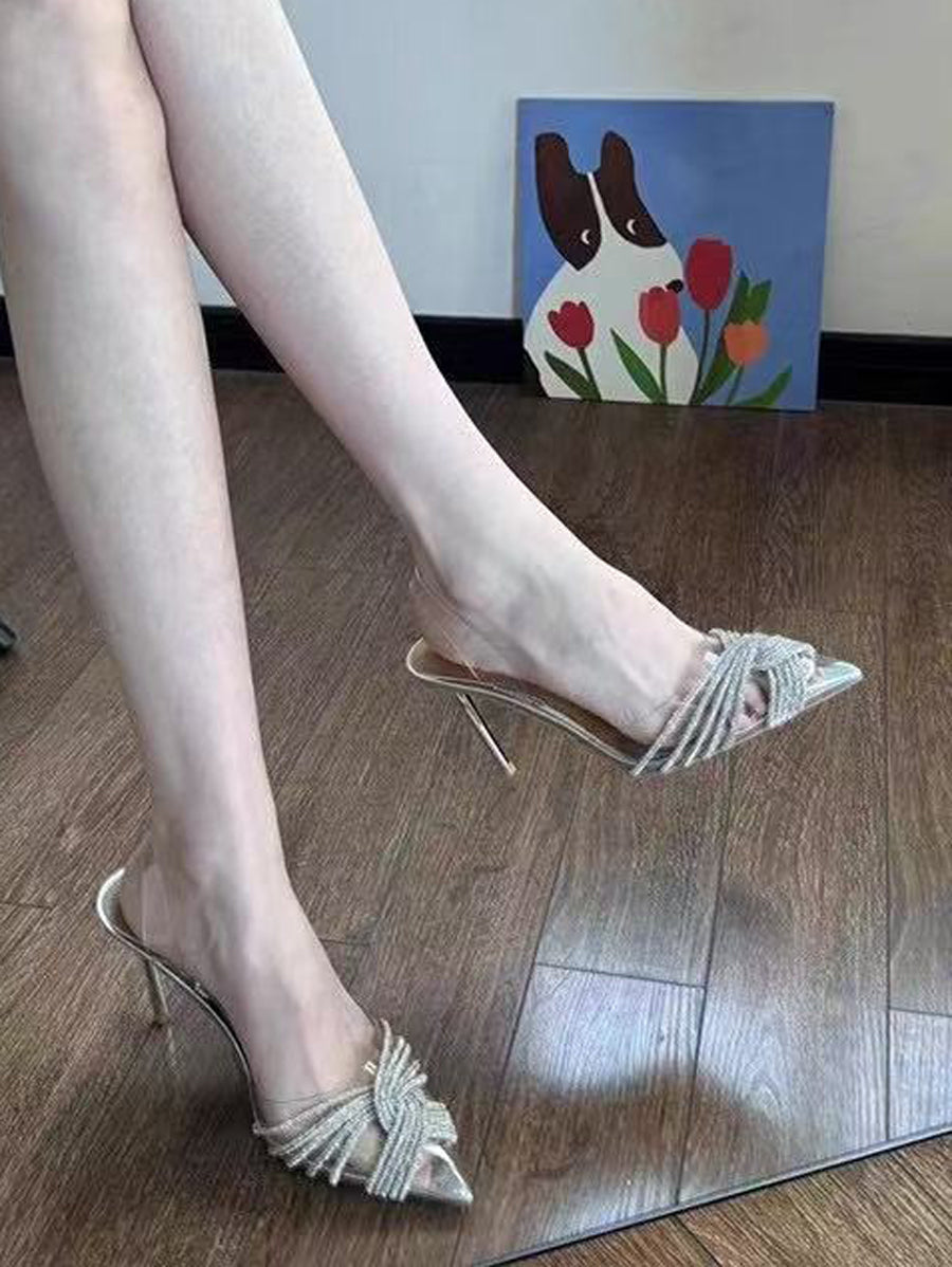 Interlace Peep Toe Rhinestone Shiny Pumps Sandals