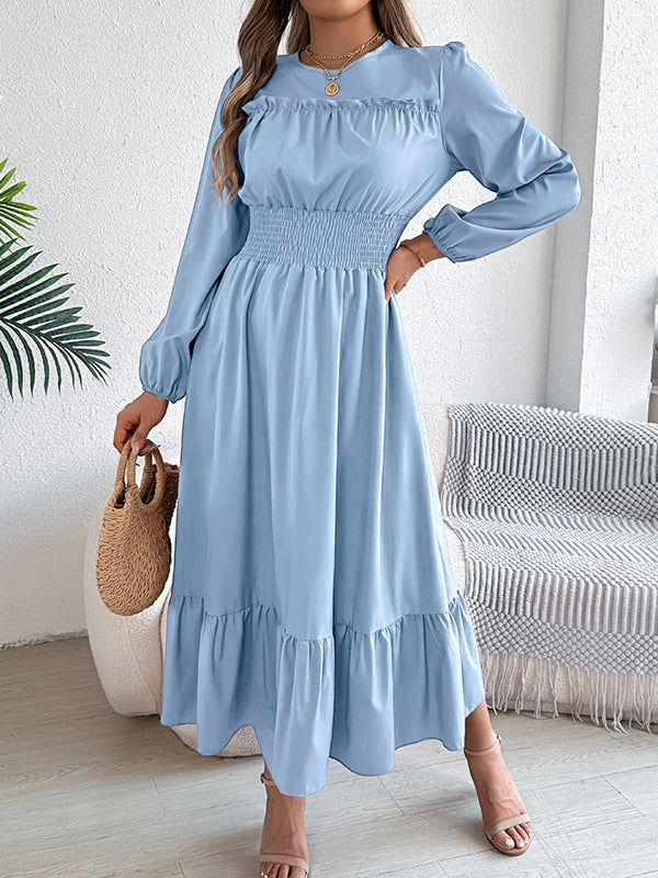 A-Line Elasticated Waist Pleated Solid Color Round-Neck Maxi Dresses