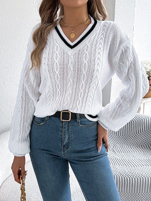 Long Sleeves Puff Sleeves Cable Knit Contrast Color Split-Joint V-Neck Knit Top Sweater Tops