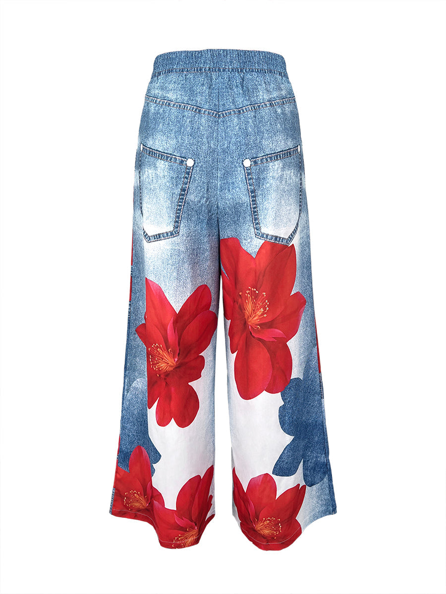 Loose Wide Leg Flower Print Jean Pants Bottoms Trousers