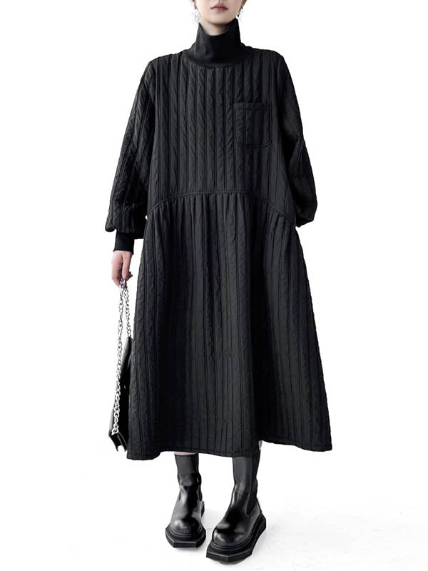 A-Line Long Sleeves Embossed Pockets Quilted Solid Color Split-Joint High Neck Midi Dresses Sweater Dresses