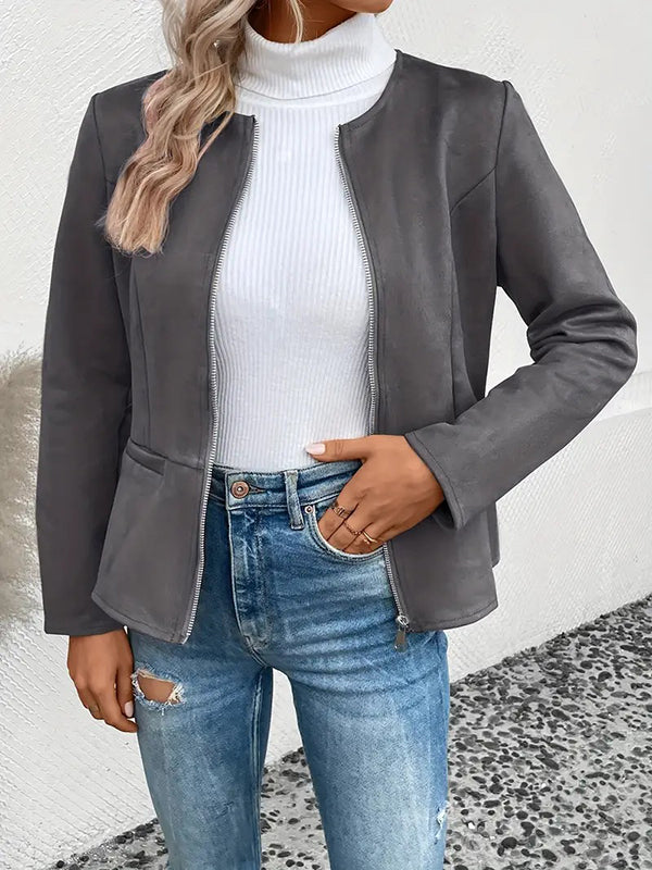 Long Sleeves Loose Pockets Solid Color Split-Joint Zipper Round-Neck Jackets Outerwear