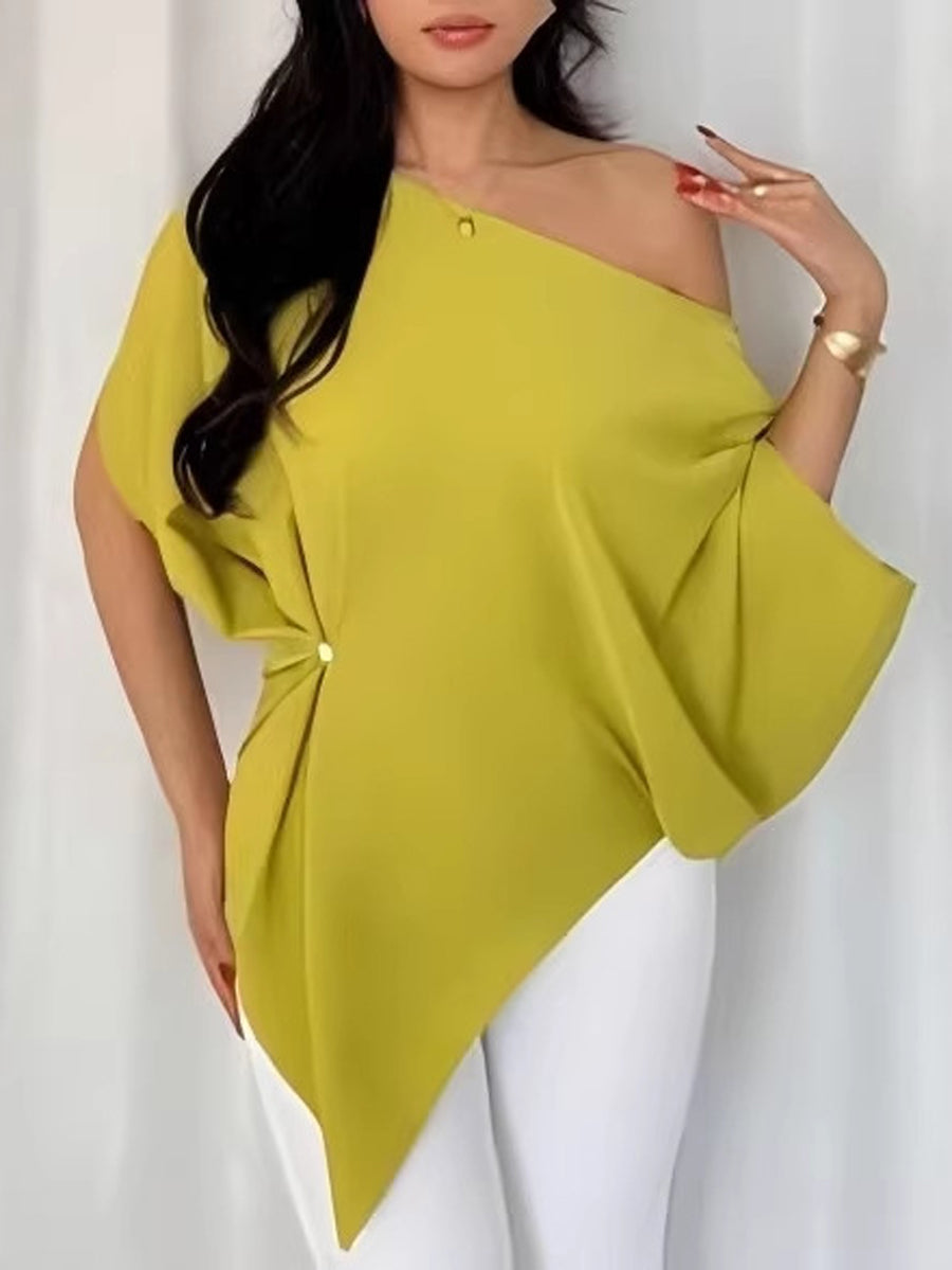 Batwing Sleeves Loose Asymmetric Pleated Solid Color One-Shoulder T-Shirts Tops